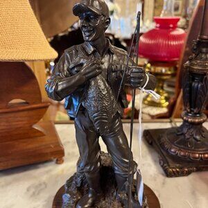 Vintage Fisherman Statue with Fish & Rod – Bronze Style Sculpture on Wooden Base